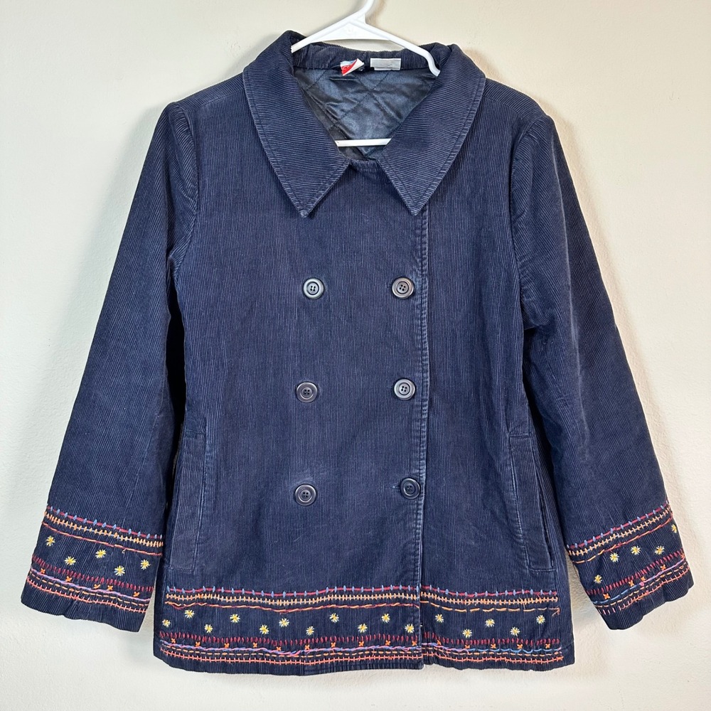 Vintage Navy Blue Corduroy Embroidered Jacket Small Y2K‎ Boho Cottagecore